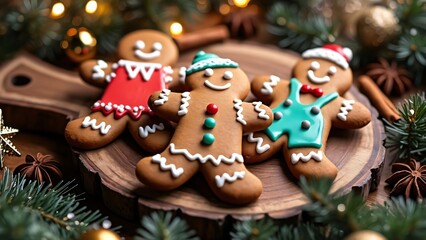 Three Delicious Gingerbread Men Cookies on Wooden Board, Christmas Decorations