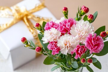 Flower Arrangement with Pink and White Carnations and Gift Box
