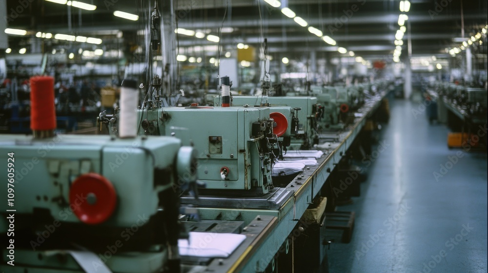 Poster A factory floor lined with sewing machines in a busy textile production environment, emphasizing the precision and coordination of the operation.