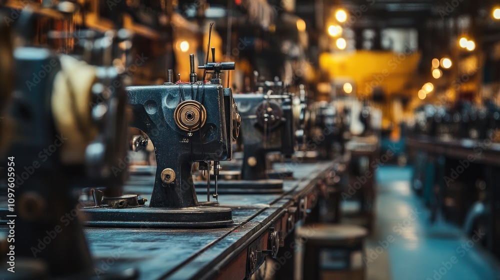 Poster A factory floor lined with sewing machines in a busy textile production environment, emphasizing the precision and coordination of the operation.