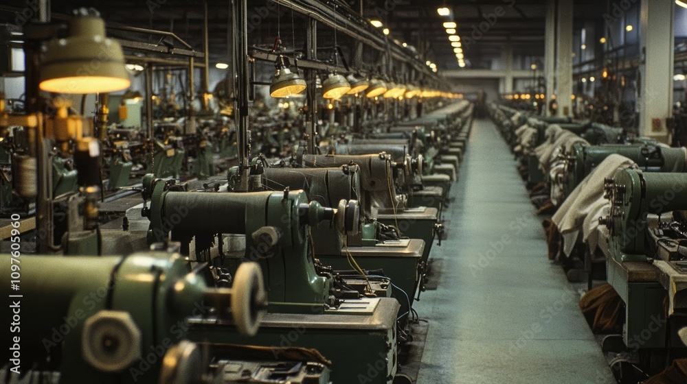 Aufkleber A factory floor lined with sewing machines in a busy textile production environment, emphasizing the precision and coordination of the operation.
