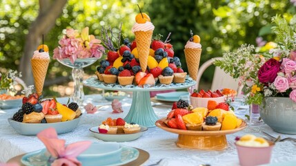 A festive outdoor table with an array of colorful summer desserts, including ice cream cones and fruit tarts, perfect for a joyful celebration.