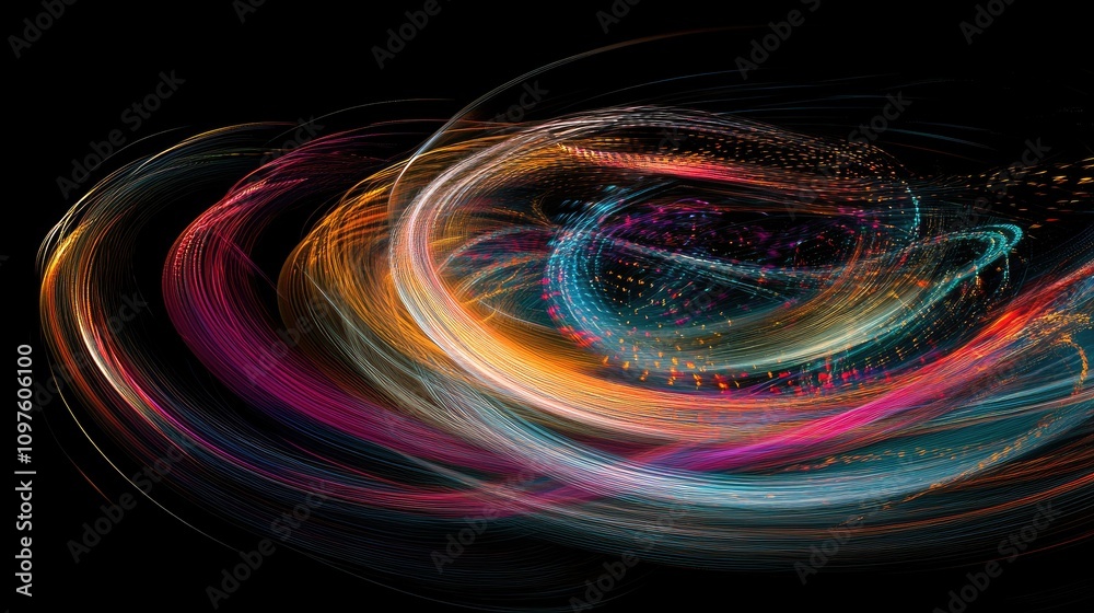 Poster a futuristic abstract swirl of multicolored motion lines, representing technology, business, and inn