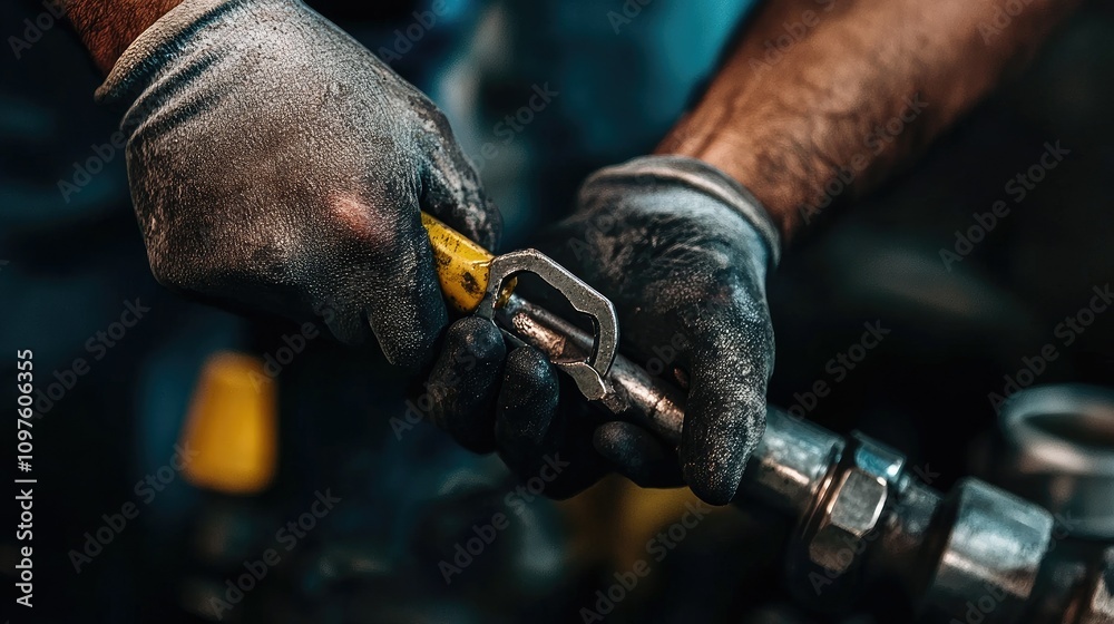 Poster a high-resolution image of a technician hands carefully adjusting pipes with a wrench, emphasizing t
