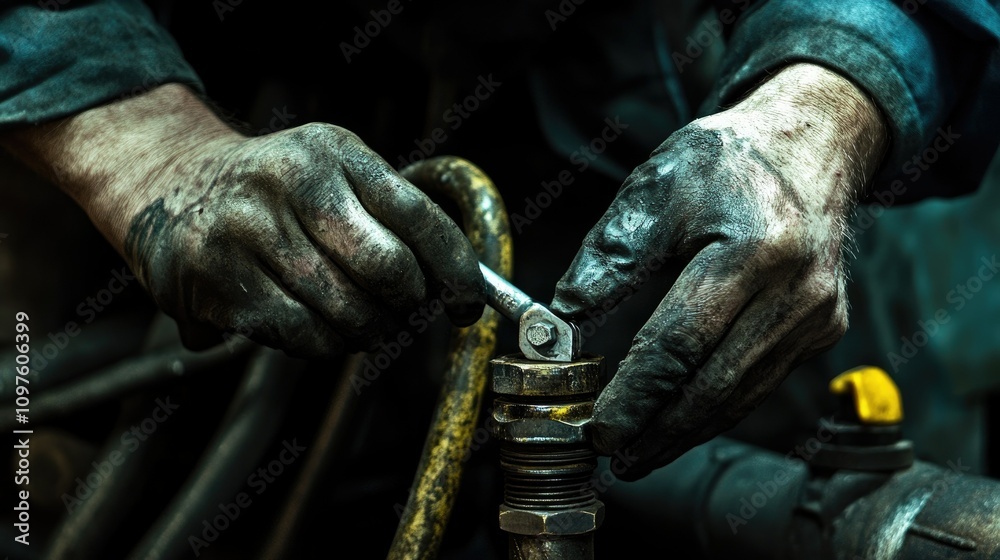 Poster A high-resolution image of a technician hands carefully adjusting pipes with a wrench, emphasizing the focus and skill required for the task.