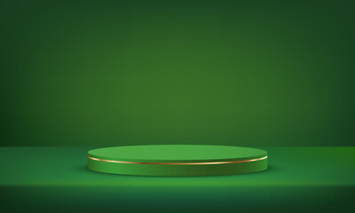 Green background vector 3d with green and gold podium. Space for selling products on the website. Vector illustration.