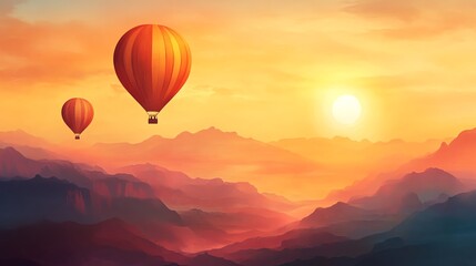 Two colorful hot air balloons soaring over majestic mountains during sunset.