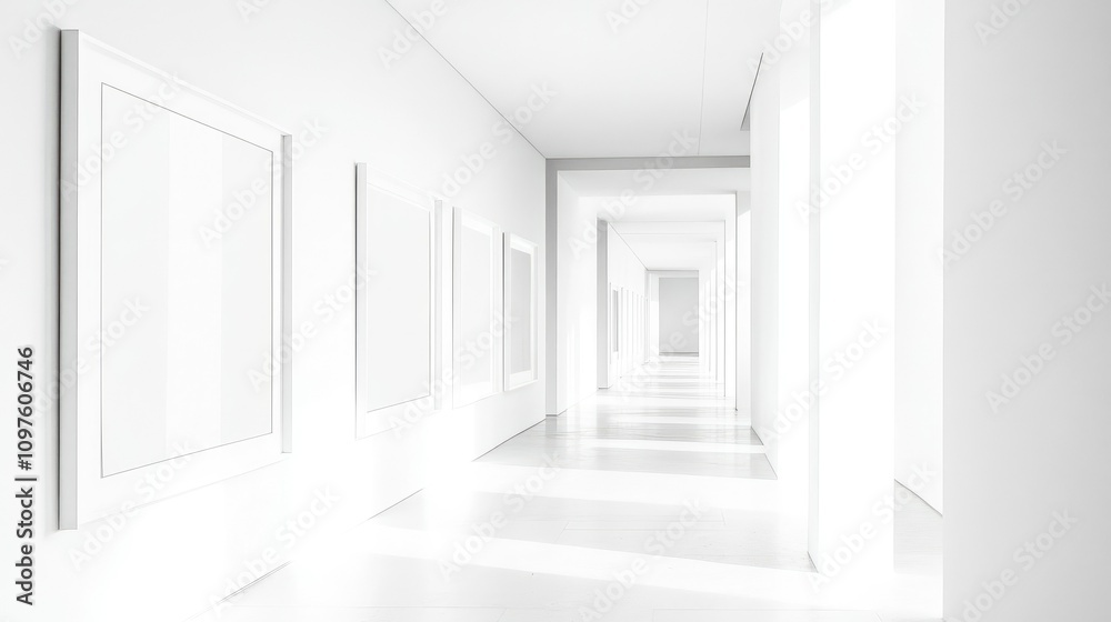 Poster a minimalist arrangement of elegant monochromatic frames in a pure white space, focusing on sophisti