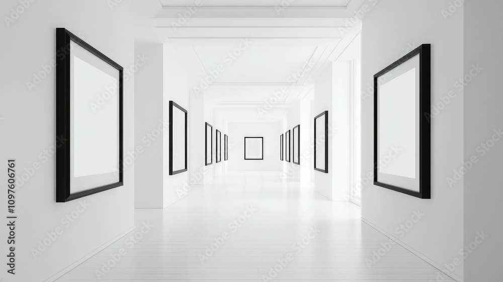 Poster a minimalist arrangement of elegant monochromatic frames in a pure white space, focusing on sophisti