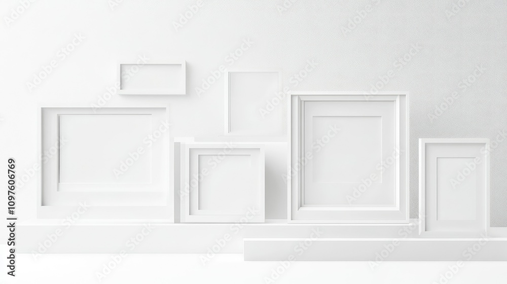 Poster a minimalist arrangement of elegant monochromatic frames in a pure white space, focusing on sophisti