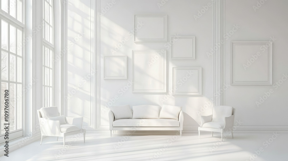 Poster a minimalist arrangement of elegant monochromatic frames in a pure white space, focusing on sophisti