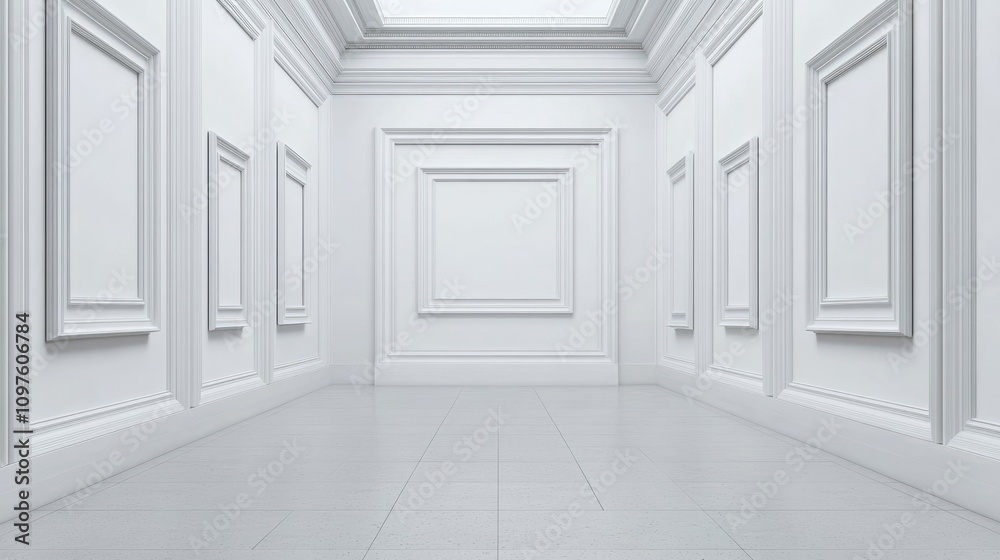 Poster A refined display of monochromatic white frames, centered in a minimalist space, offering a sophisticated and timeless aesthetic for high-end decor.