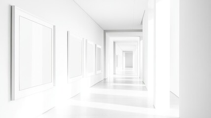 A minimalist arrangement of elegant monochromatic frames in a pure white space, focusing on sophisticated, understated luxury and visual harmony.