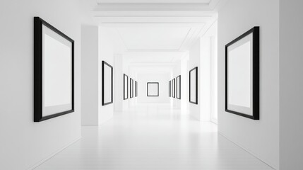 A minimalist arrangement of elegant monochromatic frames in a pure white space, focusing on sophisticated, understated luxury and visual harmony.