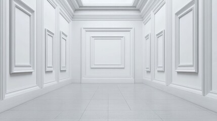 A refined display of monochromatic white frames, centered in a minimalist space, offering a sophisticated and timeless aesthetic for high-end decor.