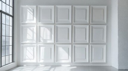 Obraz premium A refined display of monochromatic white frames, centered in a minimalist space, offering a sophisticated and timeless aesthetic for high-end decor.