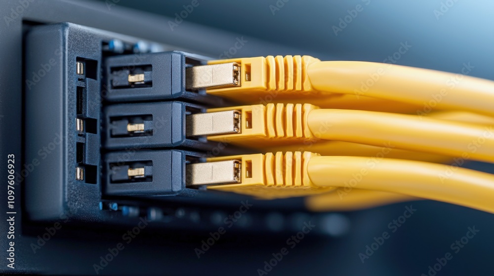 Leinwandbilder A close-up of multiple yellow Ethernet cables connected to a network switch, showcasing a modern networking setup.