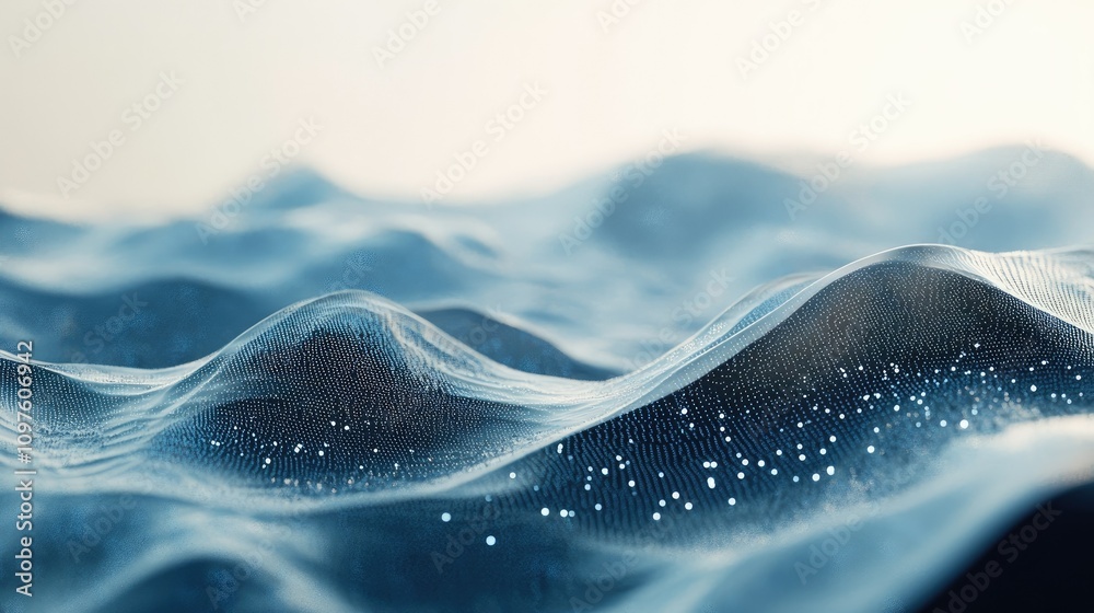 Poster A smooth, abstract wave pattern in a digital landscape, illustrating the movement of data and technology in a futuristic world.
