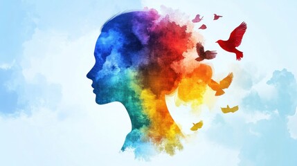 Woman Silhouette with Colorful Watercolor Hair and Birds in Flight: A Symbol of Freedom and Inner Peace