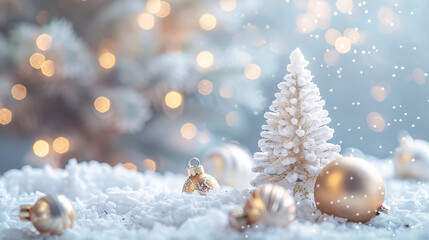 Christmas or New Year layout featuring a white snowy Christmas tree with golden decorations. Bright holiday background.