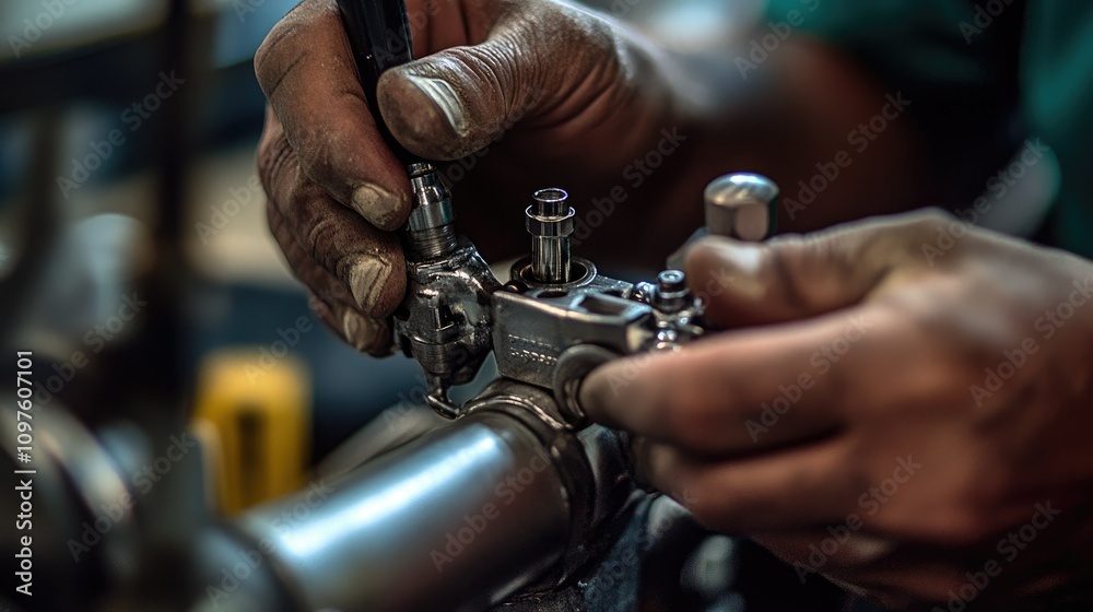 Poster a technician hands making adjustments to pipes with a wrench, focusing on tool details and the focus