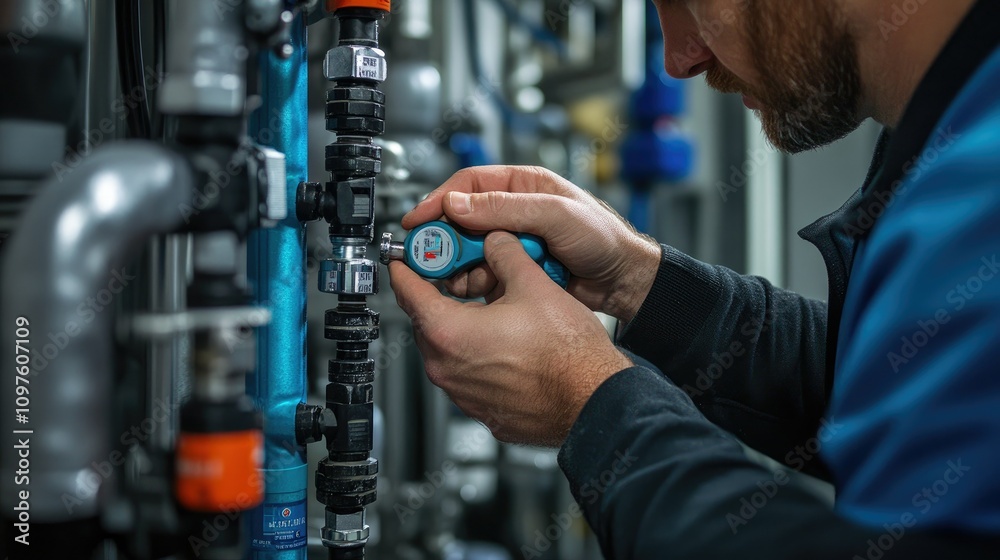 Leinwandbilder a technician hands making adjustments to pipes with a wrench, focusing on tool details and the focus