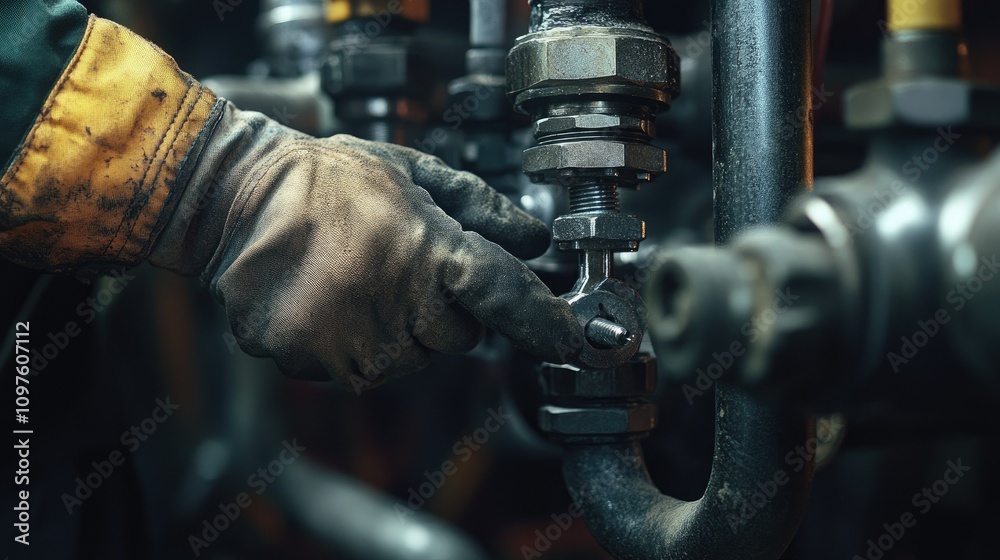 Poster A technician hands making adjustments to pipes with a wrench, focusing on tool details and the focused task in a high-resolution shot.
