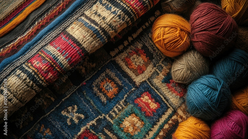 Poster a top-down view of a beautiful handwoven fabric from peru, with geometric patterns and colorful thre