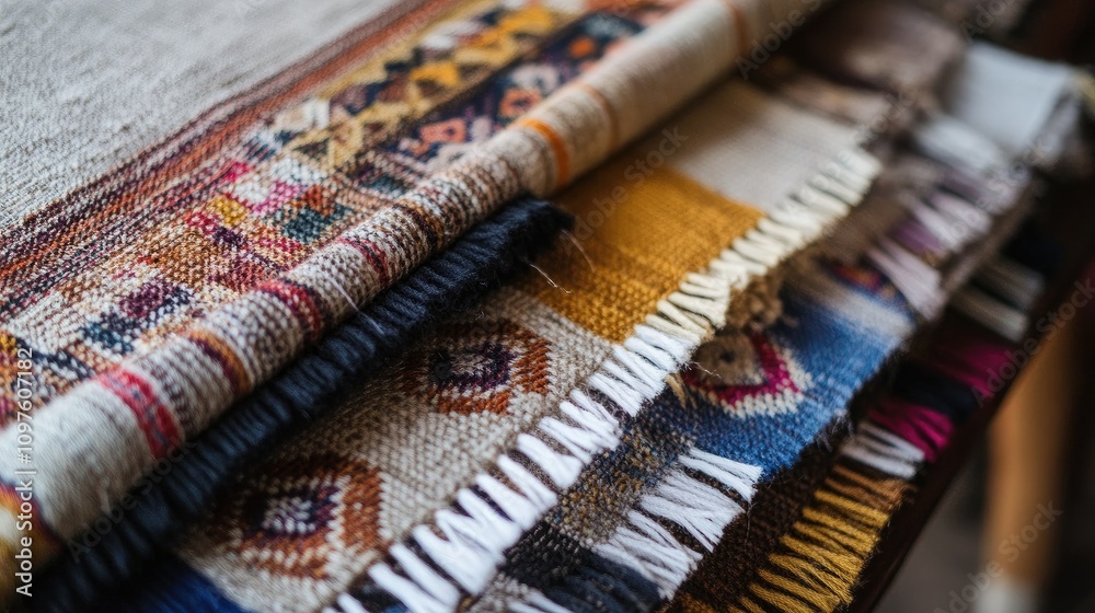 Poster a top-down view of a beautiful handwoven fabric from peru, with geometric patterns and colorful thre