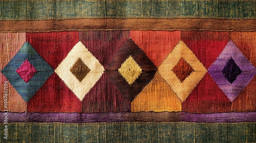 Poster a top-down view of a beautiful handwoven fabric from peru, with geometric patterns and colorful thre