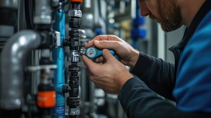 Naklejka premium A technician hands making adjustments to pipes with a wrench, focusing on tool details and the focused task in a high-resolution shot.