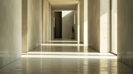 minimalist shot focusing on the negative space between the hallway's elements, emphasizing its modern design