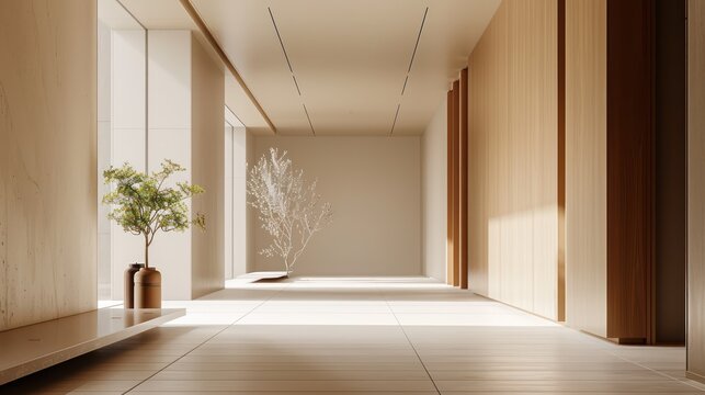 minimalist shot of the hallway, emphasizing the simplicity of its design elements and open space