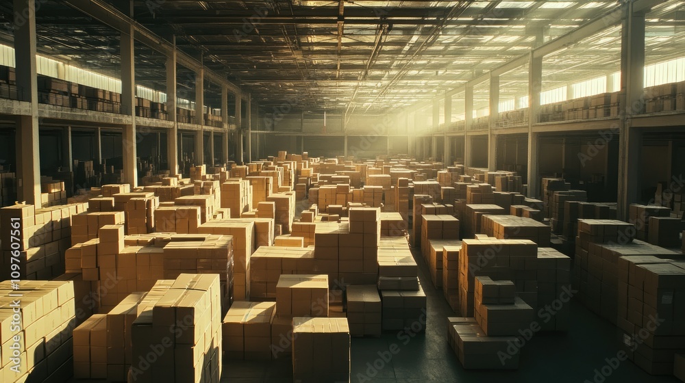 Poster A wide view of a large warehouse with cardboard boxes neatly arranged, capturing the scale of storage and distribution in an industrial setting.