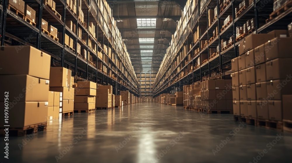 Poster a wide view of a large warehouse with cardboard boxes neatly arranged, capturing the scale of storag