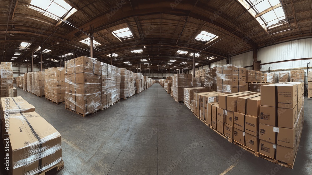 Poster A wide view of a large warehouse with cardboard boxes neatly arranged, capturing the scale of storage and distribution in an industrial setting.