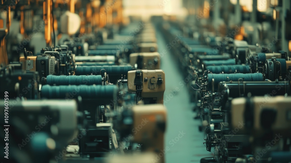 Poster a wide-angle view of a factory floor filled with rows of sewing machines, showcasing the scale of pr