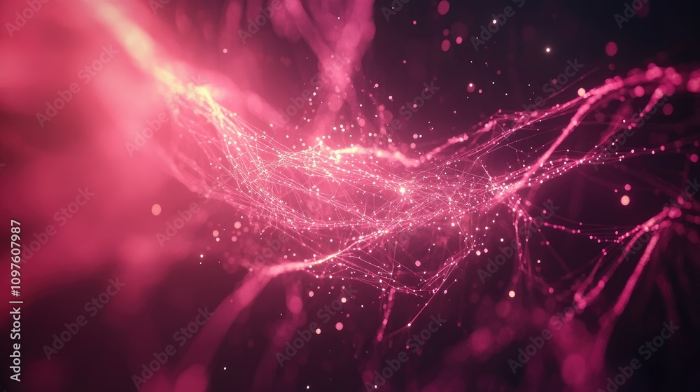 Poster Abstract visualization of data flowing through a futuristic digital network, with glowing lines and particles moving in sync.