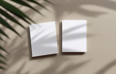 Blank Vertical Postcard Mockup with Palm Shadow on Beige Background