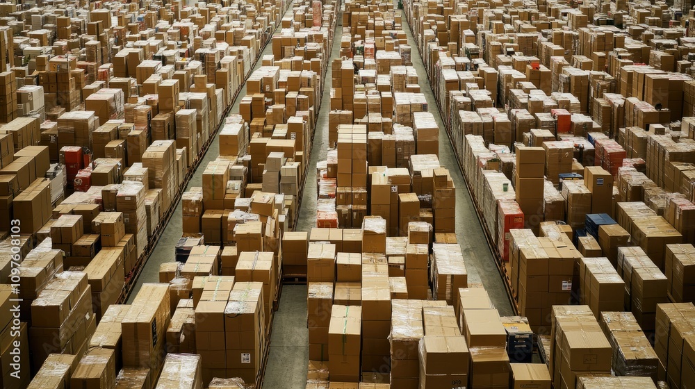 Poster An expansive warehouse filled with neatly stacked cardboard boxes, representing a busy distribution center with a high level of organization.