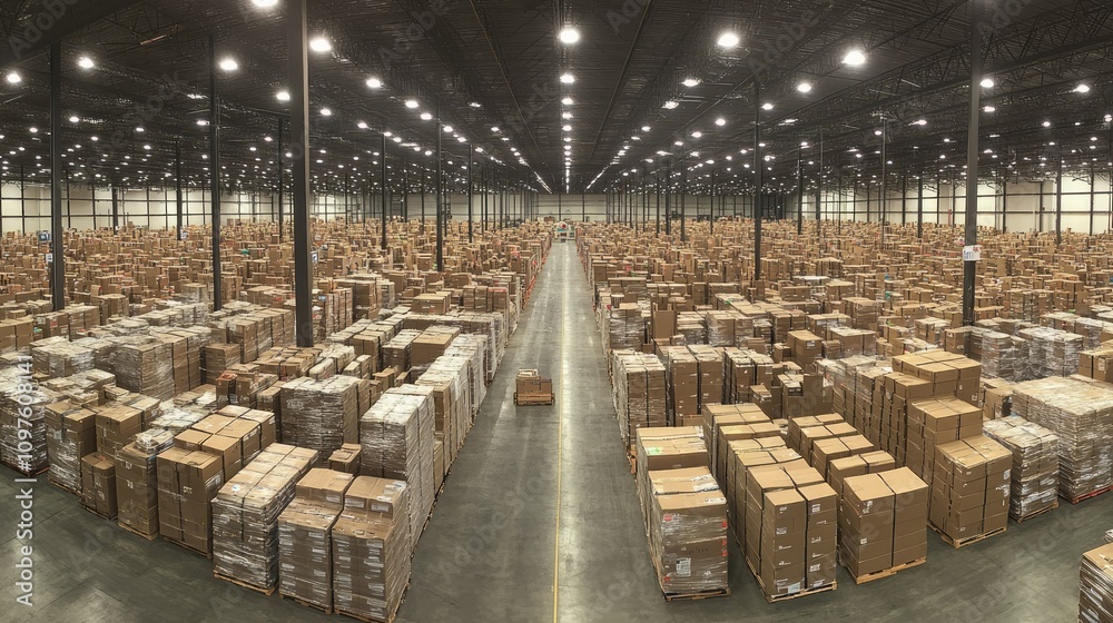 Poster An expansive warehouse filled with neatly stacked cardboard boxes, representing a busy distribution center with a high level of organization.
