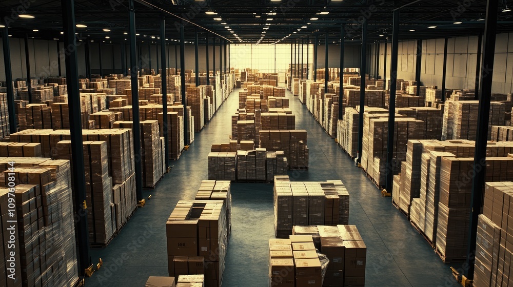 Poster An expansive warehouse filled with neatly stacked cardboard boxes, representing a busy distribution center with a high level of organization.
