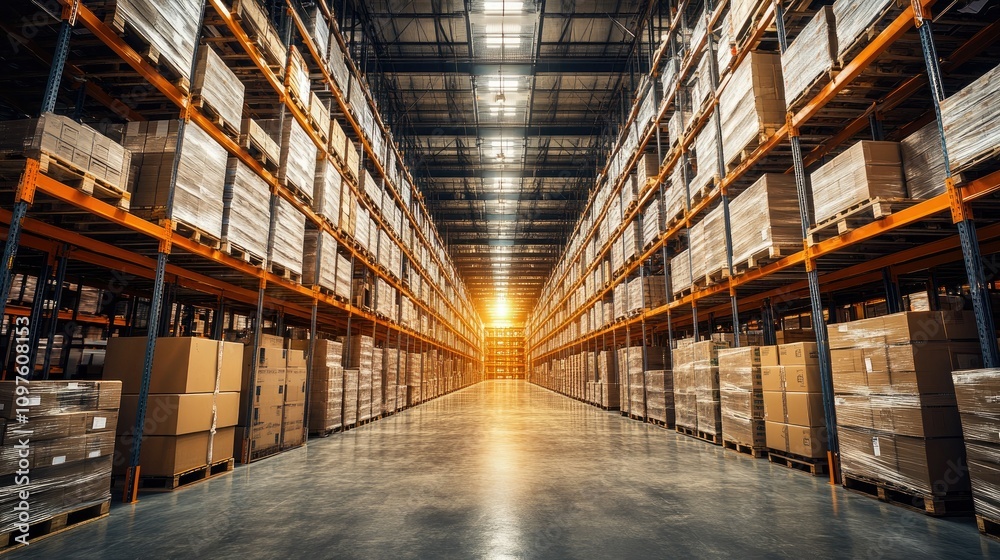 Poster An expansive warehouse filled with neatly stacked cardboard boxes, representing a busy distribution center with a high level of organization.