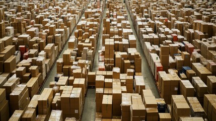 Fototapeta premium An expansive warehouse filled with neatly stacked cardboard boxes, representing a busy distribution center with a high level of organization.