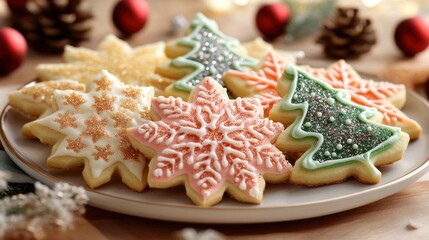 Fototapeta premium A plate of vanilla sugar cookies shaped like snowflakes, stars, and Christmas trees, decorated with colorful icing and edible glitter, arranged on a festive holiday platter