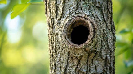 Obraz premium An isolated tree trunk with a prominent hole, capturing the texture of the bark and the passage of time in a serene woodland setting.