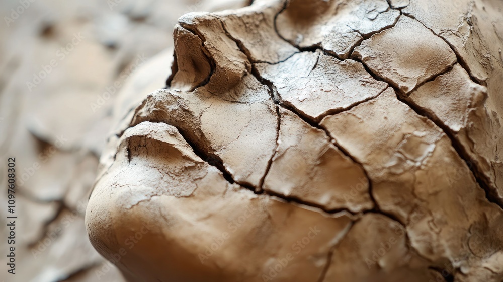 Poster close-up of a clay sculpture with deep cracks on the surface, revealing the passage of time and the 