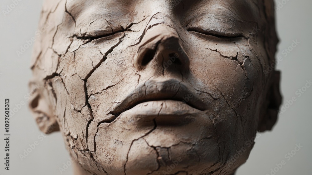 Poster close-up of a clay sculpture with deep cracks on the surface, revealing the passage of time and the 