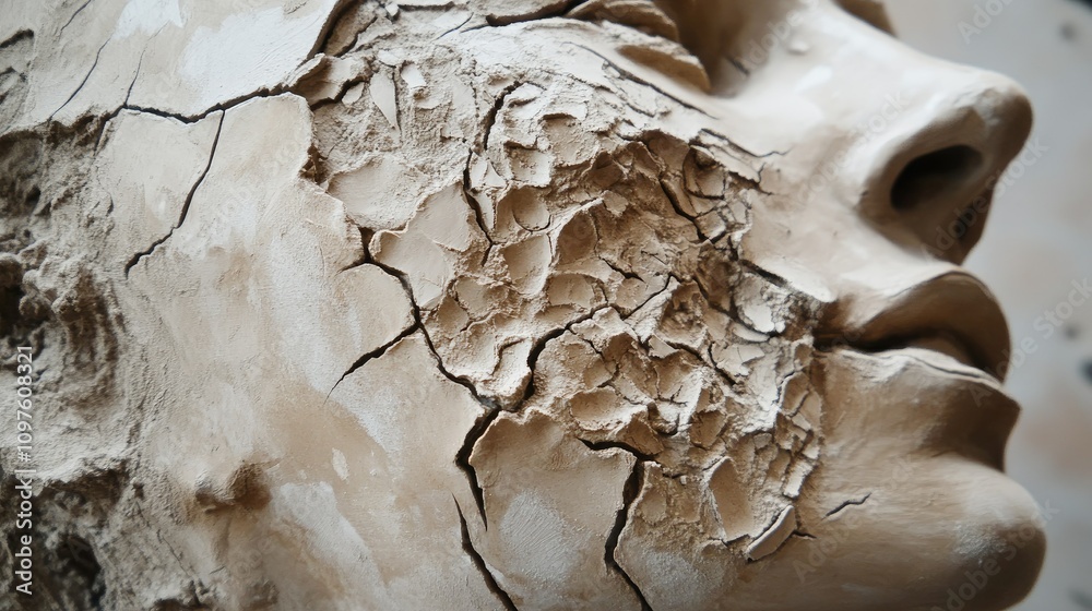 Poster close-up of a clay sculpture with deep cracks on the surface, revealing the passage of time and the 