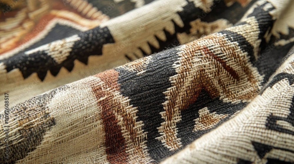 Poster Close-up view of a handwoven fabric featuring traditional geometric designs, highlighting the artisan skill in creating detailed patterns.